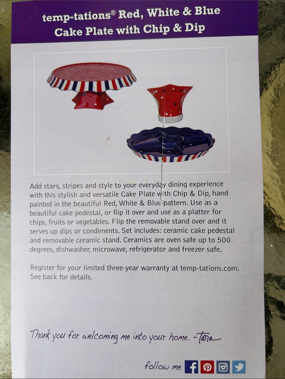 Temp-Tations Red, White & Blue Ceramic Cake Plate with Chip & Dip